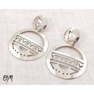 Handmade Vintage Mexico Large Disc Sterling Silver 925 Earrings